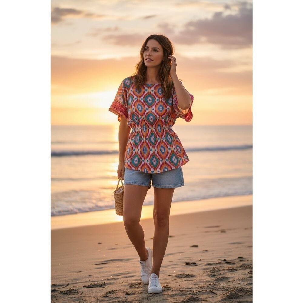 Free People Tricia Fix M Medium Tunic Top Ikat Print Short Sleeve Boho Fairy